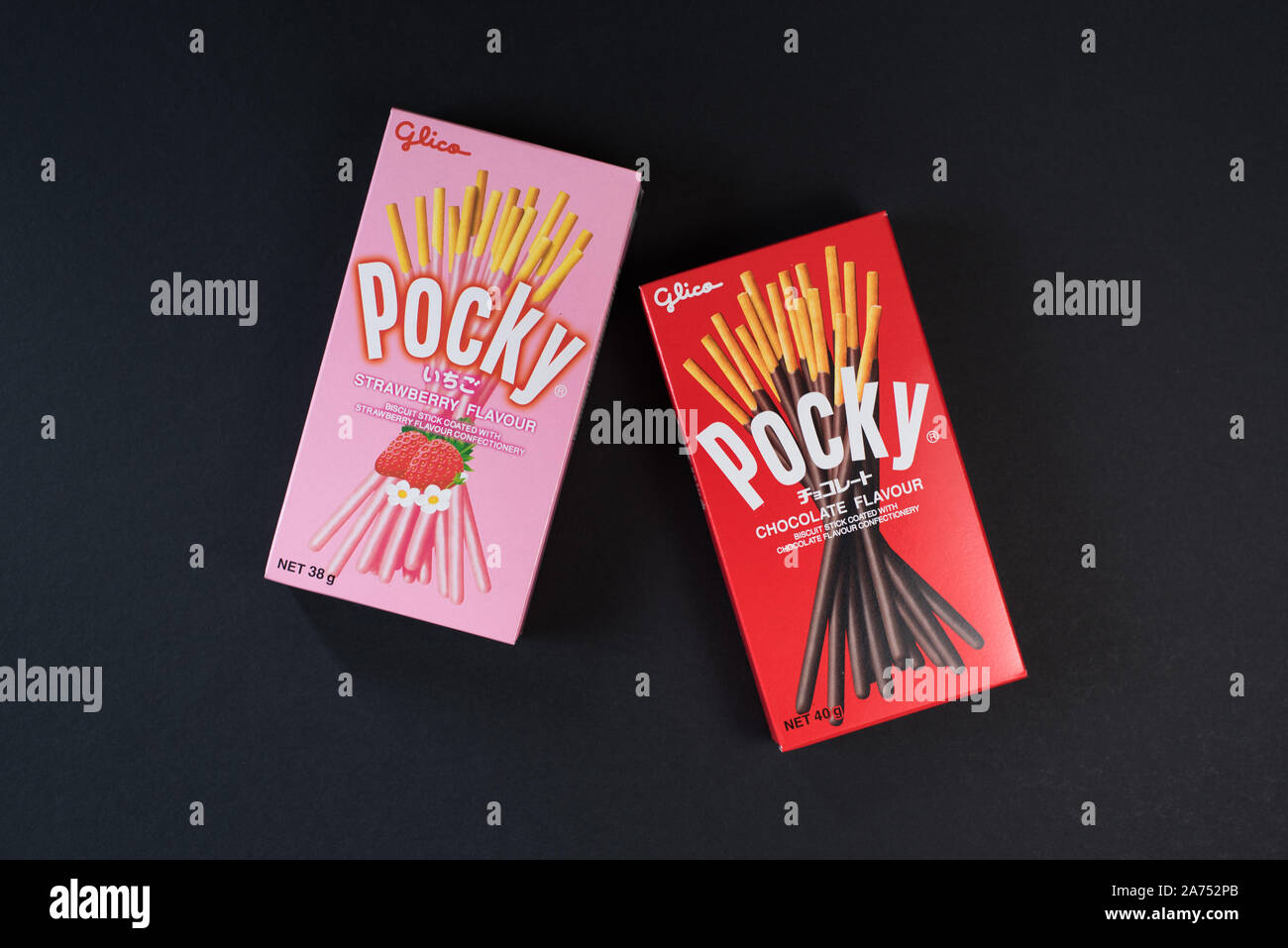 Petaling jaya, Selangor, Malaysia - 20 Oktober 2019 : Pocky brand of chocolate sticks on black background. Pocky is a famous confectionery among asian Stock Photo