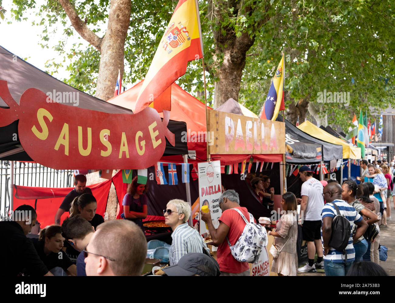 International food festival at Greenwich, London, UK. Vendors selling street food from different countries. Stock Photo