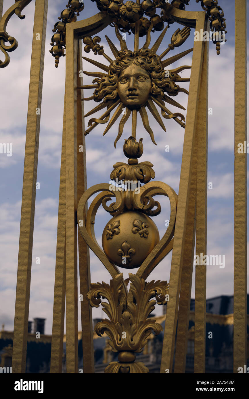 Fence Panel with Sun King at Versailles Castle Stock Photo