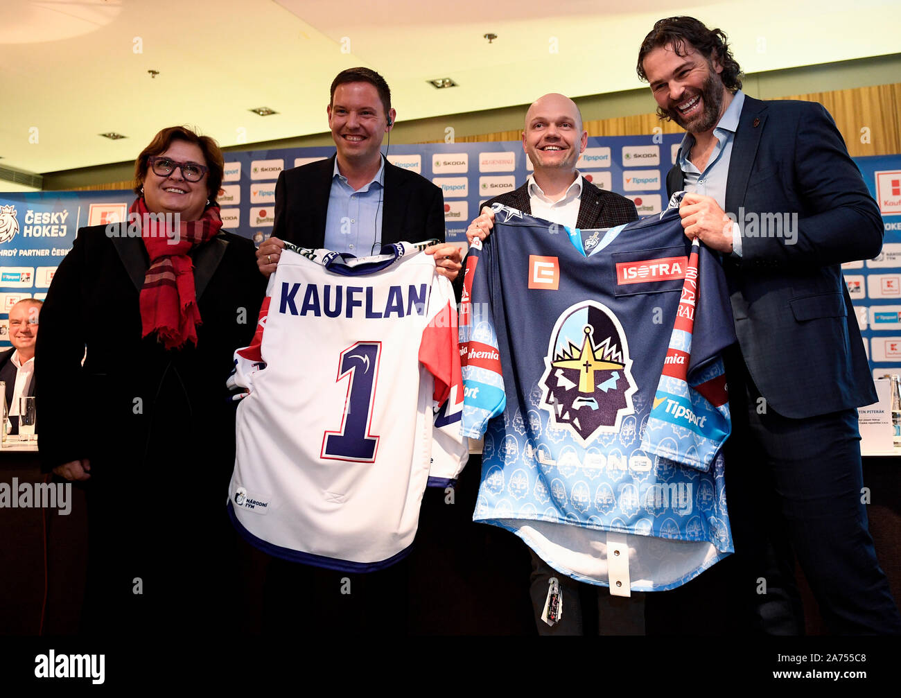 Prague, Czech Republic. 30th Oct, 2019. BPA Chairwoman of the Board of Directors and Director General Jana Obermajerova, from left, Kaufland Ceska republika CEO Stefan Hoppe, Kaufland Ceska republika Commercial Director and SCM Martin Piterak and hockey forward Jaromir Jagr attend a news conference in Prague, Czech Republic, today, on Wednesday, October 30, 2019, where Kaufland Ceska republika as the new partner of Czech hockey was presented, and Czech national ice-hockey team's coach Milos Riha announced roster for Karjala tournament. Credit: Ondrej Deml/CTK Photo/Alamy Live News Stock Photo