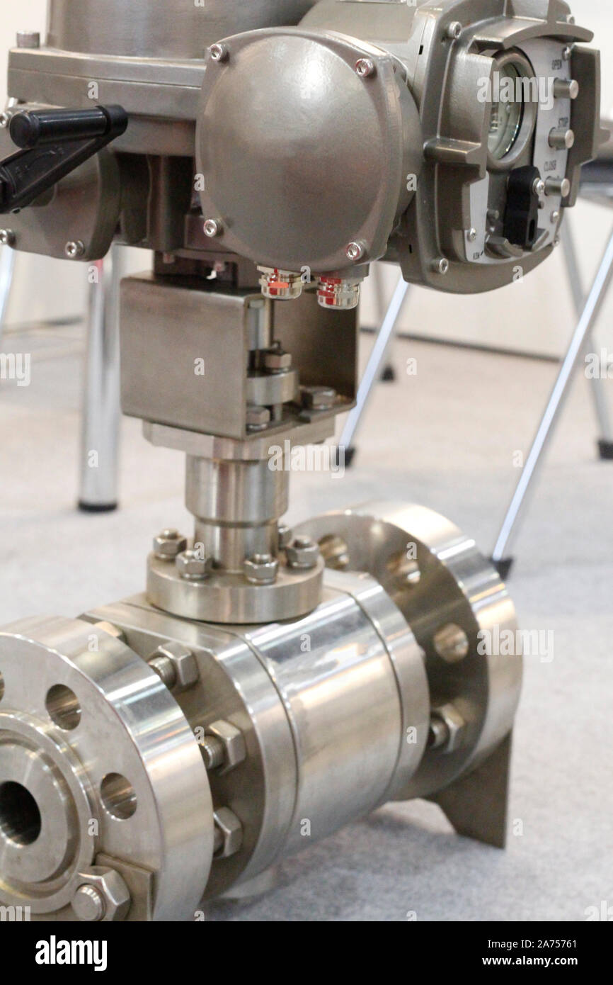 Wide cast steel control valve for industrial applications. Industrial valve. Elements of the equipment of modern compressor station. Stock Photo
