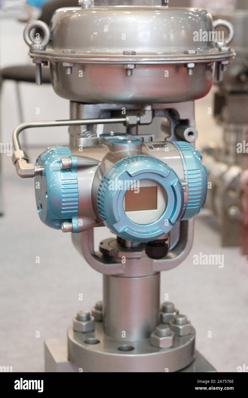 Wide cast steel control valve for industrial applications. Industrial valve. Elements of the equipment of modern compressor station. Stock Photo