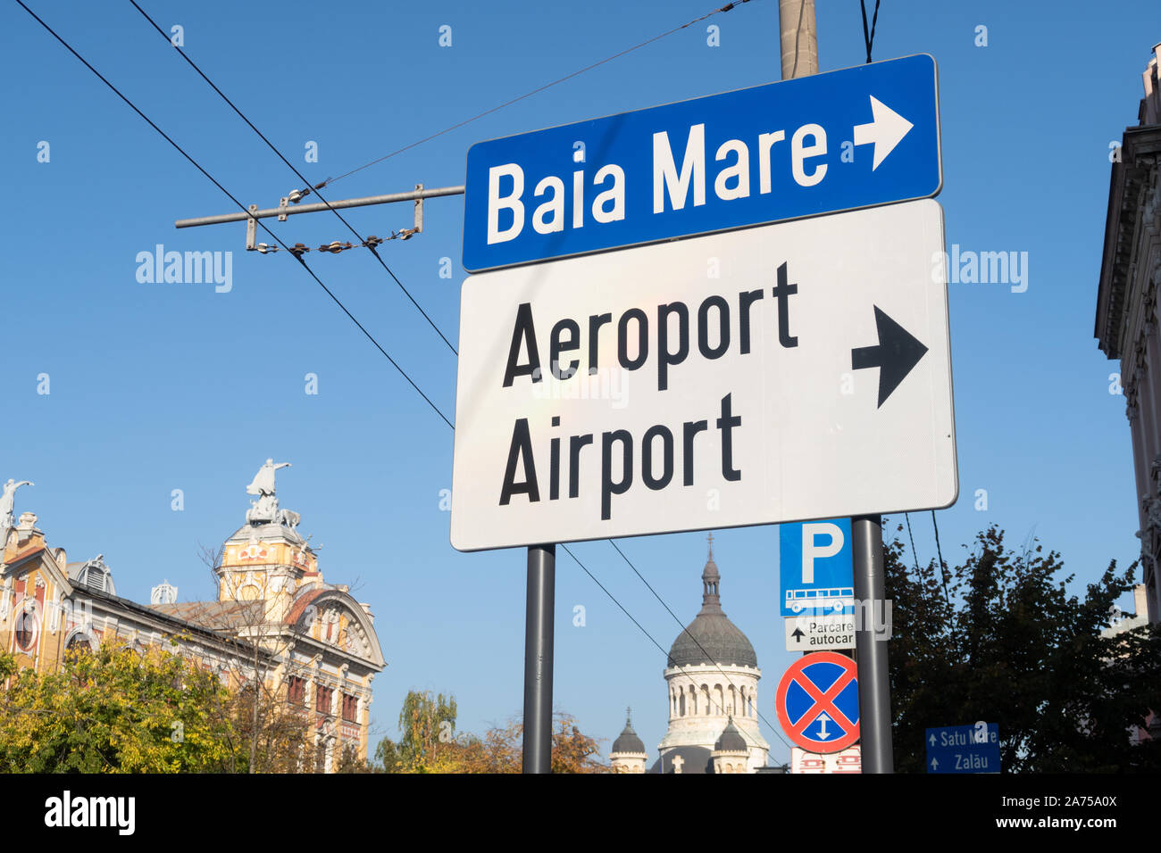Cluj Napoca, Romania - 24 Oct, 2019: Aiport and Baia Mare road Sign in Cluj Napoca, Romania Stock Photo