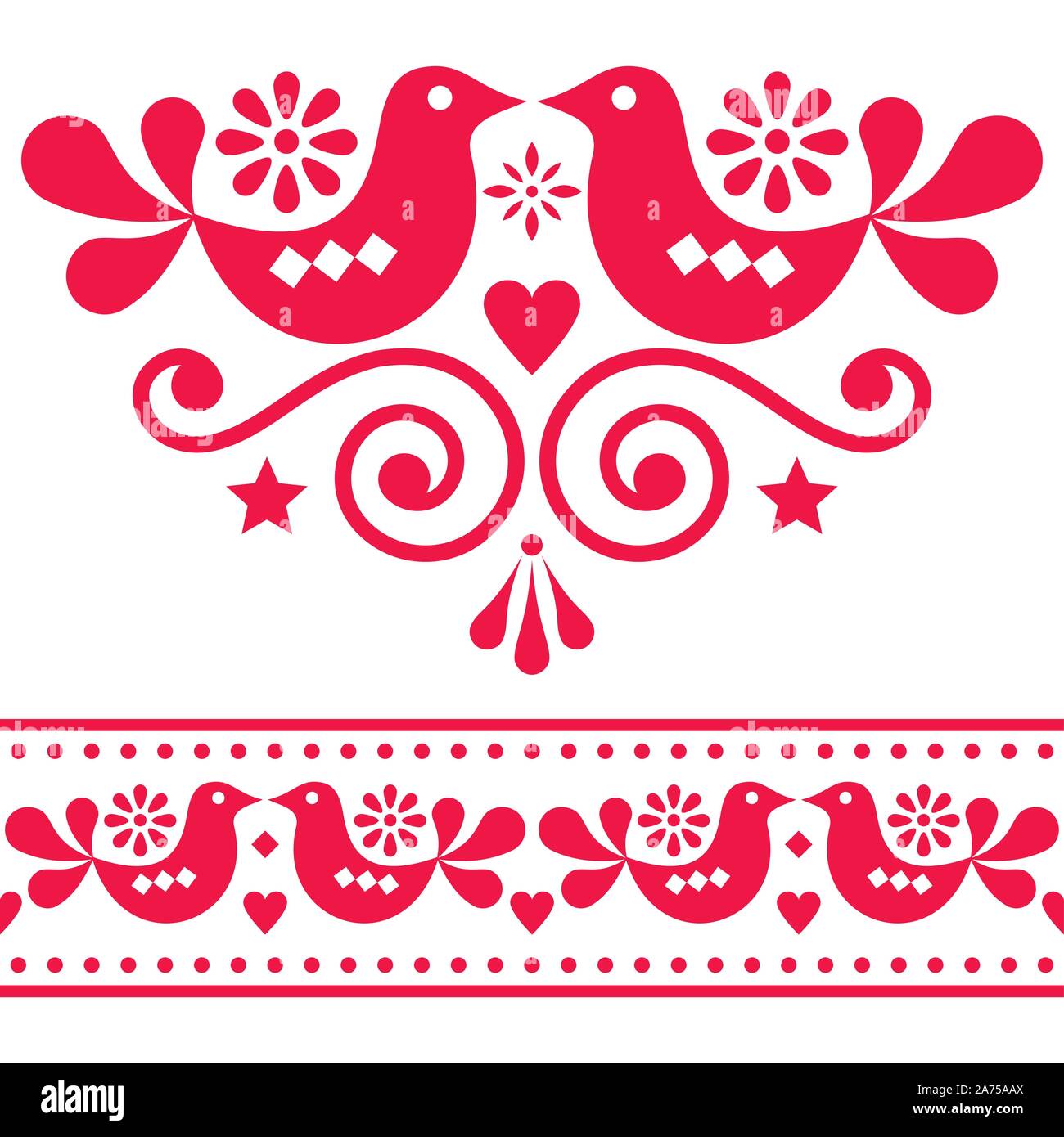 Scandinavian folk vector design elements, cute floral design with birds in red on white background Stock Vector