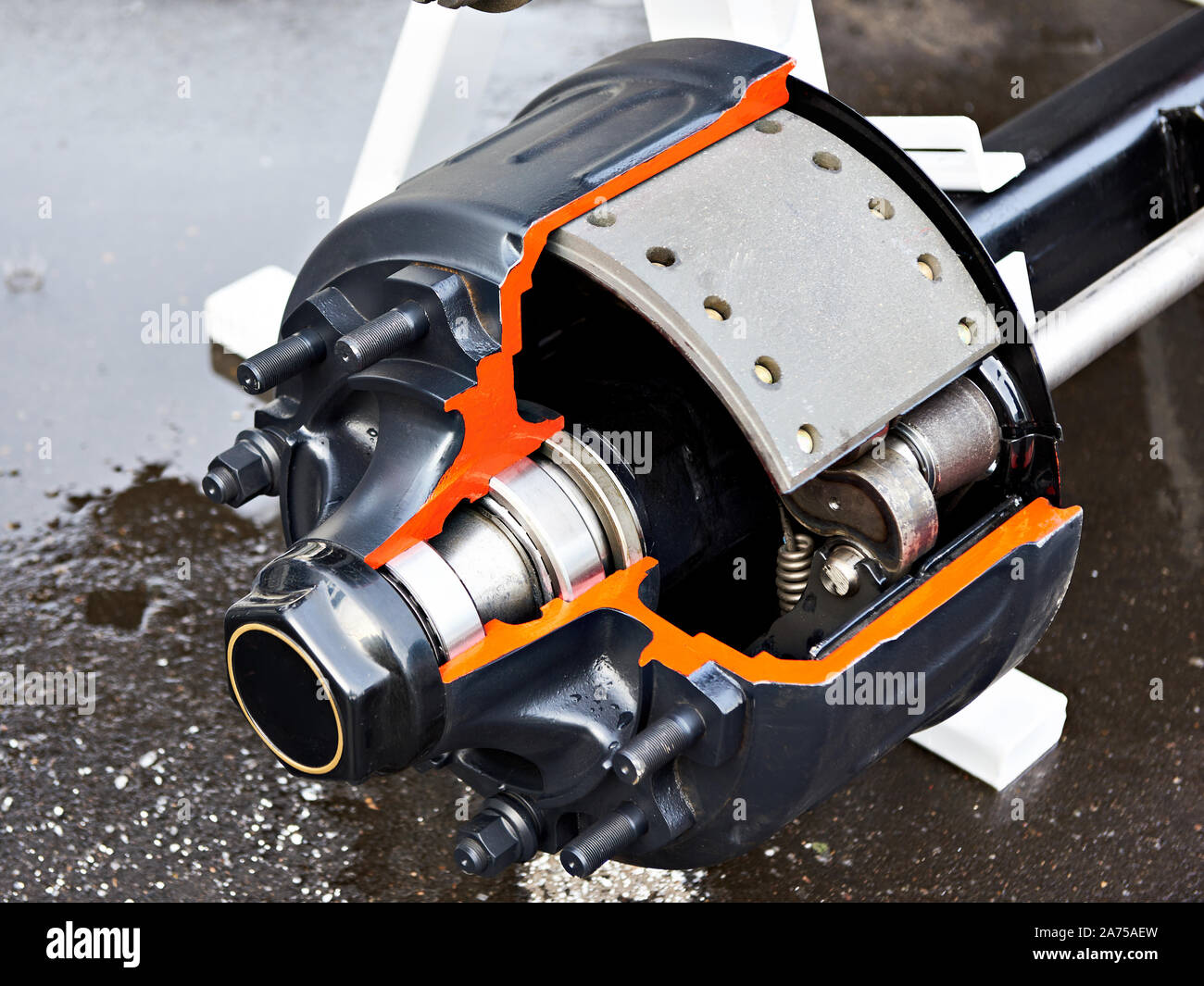 Truck wheel hub with drum brake pads cross section Stock Photo