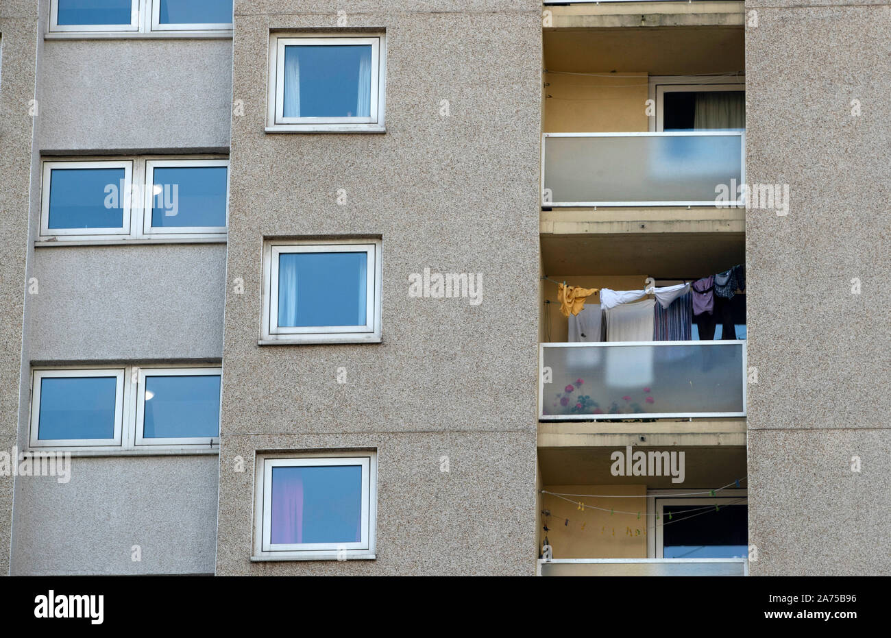 A block of flats in Halifax in Yorkshire, as a think tank says the Conservatives will have to target traditional Labour voters from regional towns in order to win the general election. Stock Photo