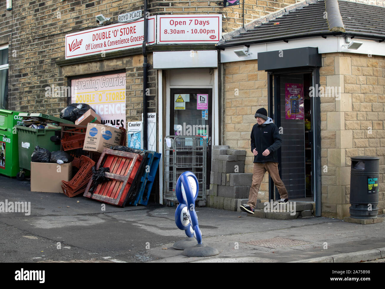 A corner shop in Halifax in Yorkshire, as a think tank says the Conservatives will have to target traditional Labour voters from regional towns in order to win the general election. Stock Photo