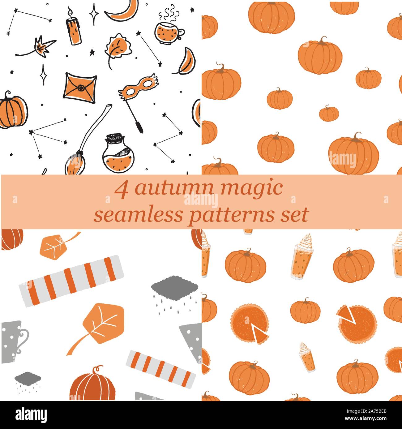 Four seamless pattern design set. Autumn decoration with in vector Stock Vector