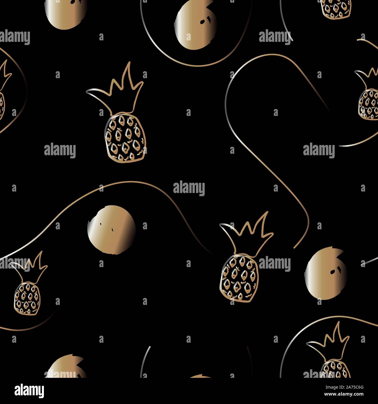Seamless golden pineapple pattern on dark background. Repeating exotic ...