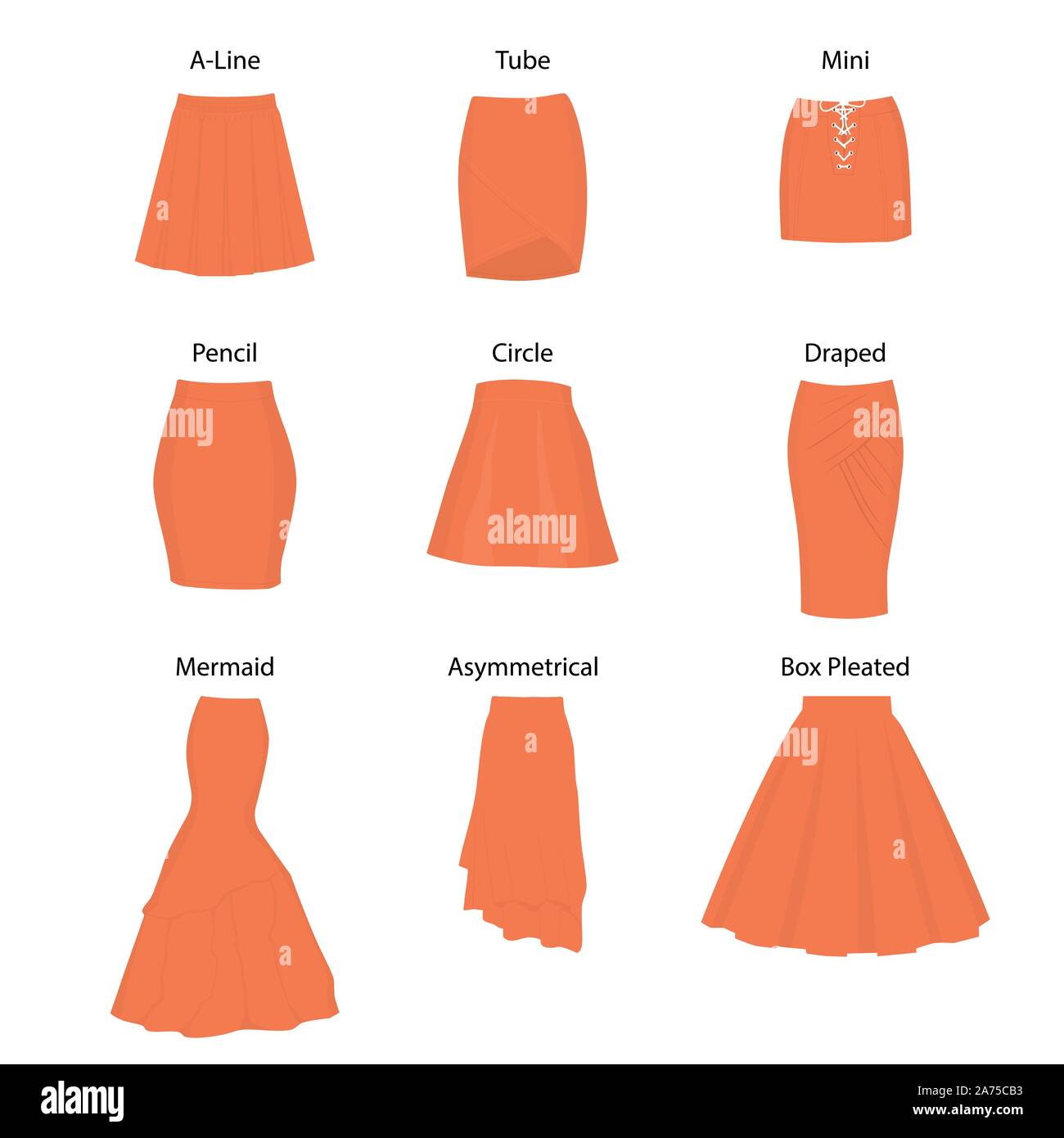 Set of different types of skirts. A line tube mini pencil