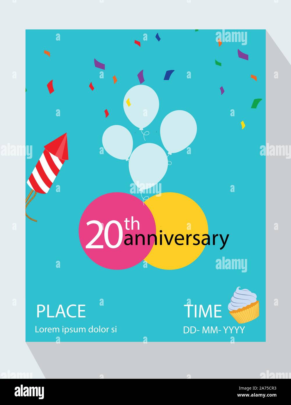 Birthday party invitation card. You are invited! Happy 20th birthday anniversary! Stock Vector