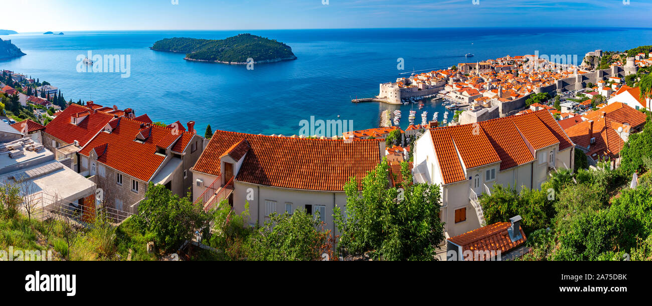 Aerial panorama of Old Port and historical center of Dubrovnik with a view to the Lokrum island, Croatia Stock Photo