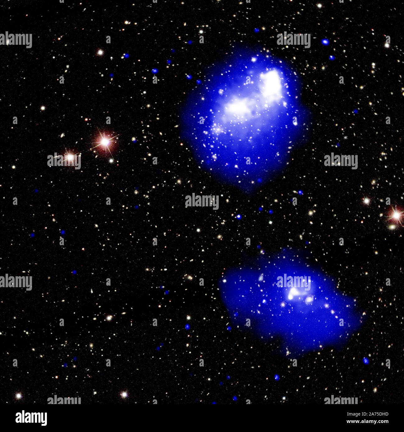 Astronomers using data from the Chandra X-ray Observatory and other telescopes have put together a detailed map of a rare collision between four galaxy clusters. Eventually, all four clusters - each with a mass of at least several hundred trillion times that of the Sun - will merge to form one of the most massive objects in the universe. The new observations show a mega-structure being assembled in a system called Abell 1758, located about 3 billion light-years from Earth. It contains two pairs of colliding galaxy clusters that are heading toward one another. NASA/UPI Stock Photo