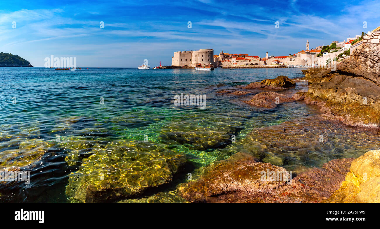 Panoramic view of The Old Harbour and Fort St Ivana in sunny day in Dubrovnik, Croatia Stock Photo