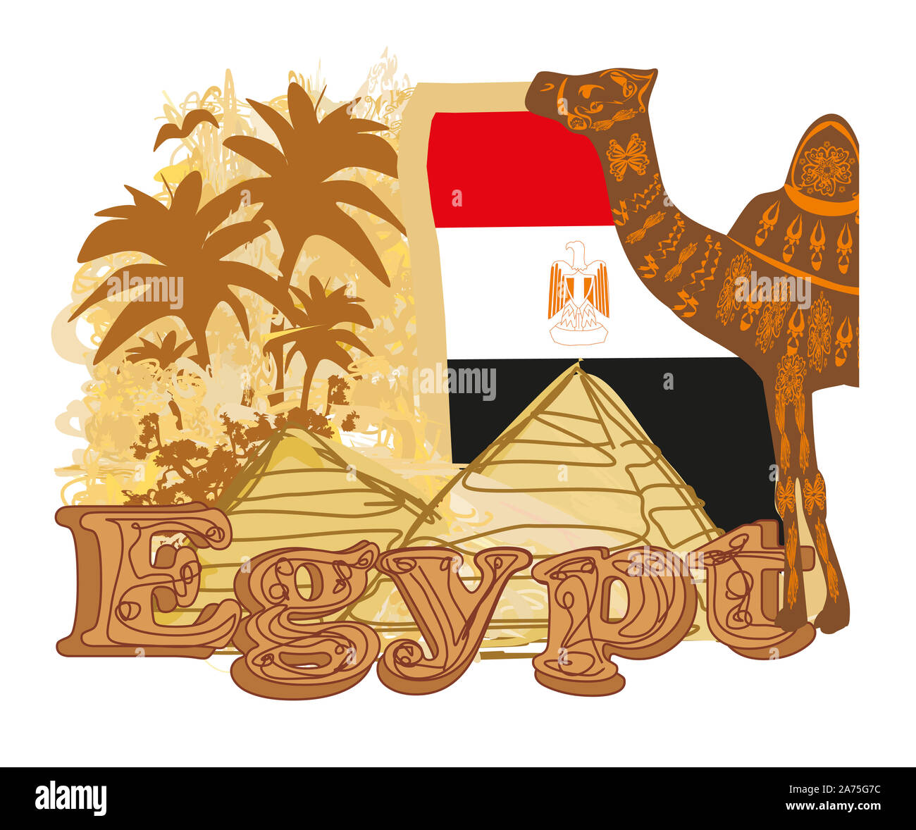 Vintage banner with pyramids giza, flag and camel Stock Photo