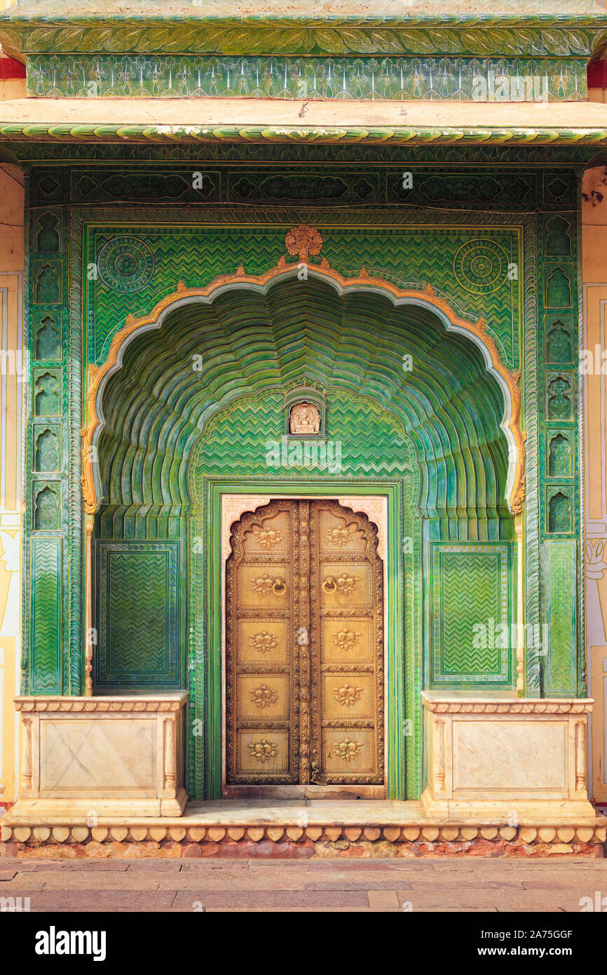 India, Rajasthan, Jaipur, City Palace, Green Gate Stock Photo