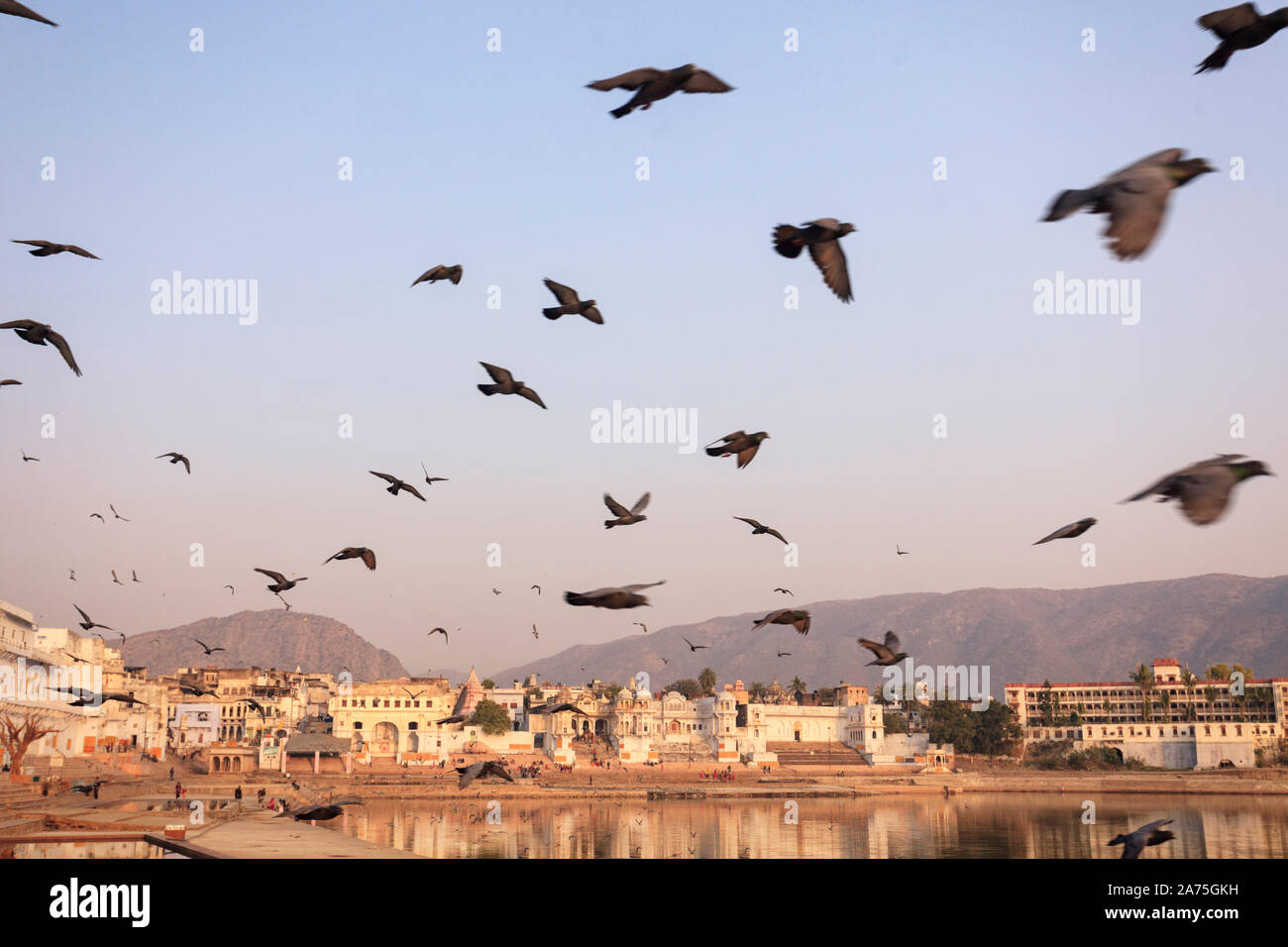 India, Rajasthan, Pushkar Holy Town, Bathing Ghats on the Lake Stock Photo