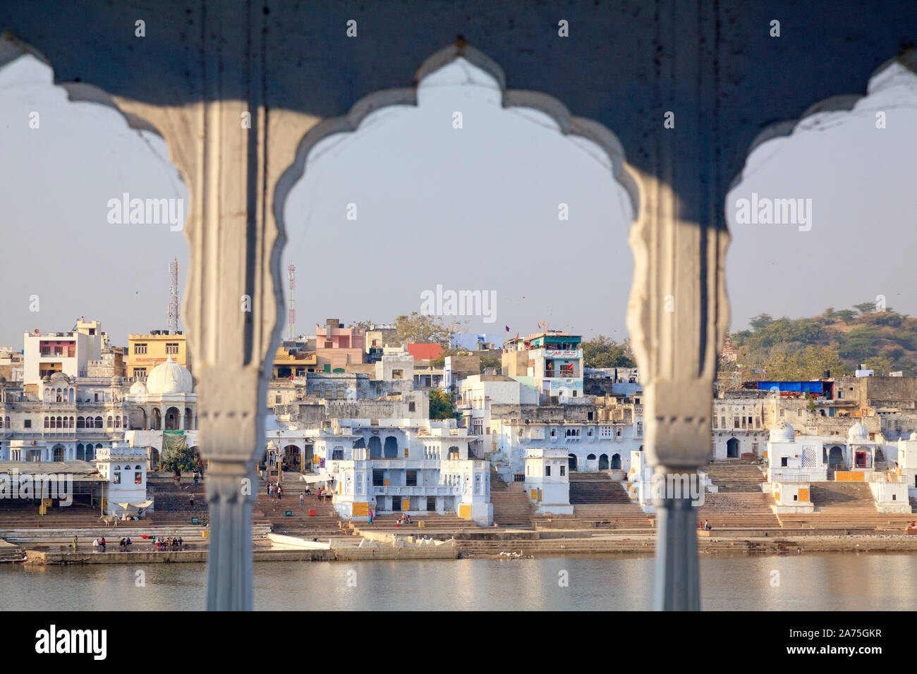 India, Rajasthan, Pushkar Holy Town, Bathing Ghats on the Lake Stock Photo