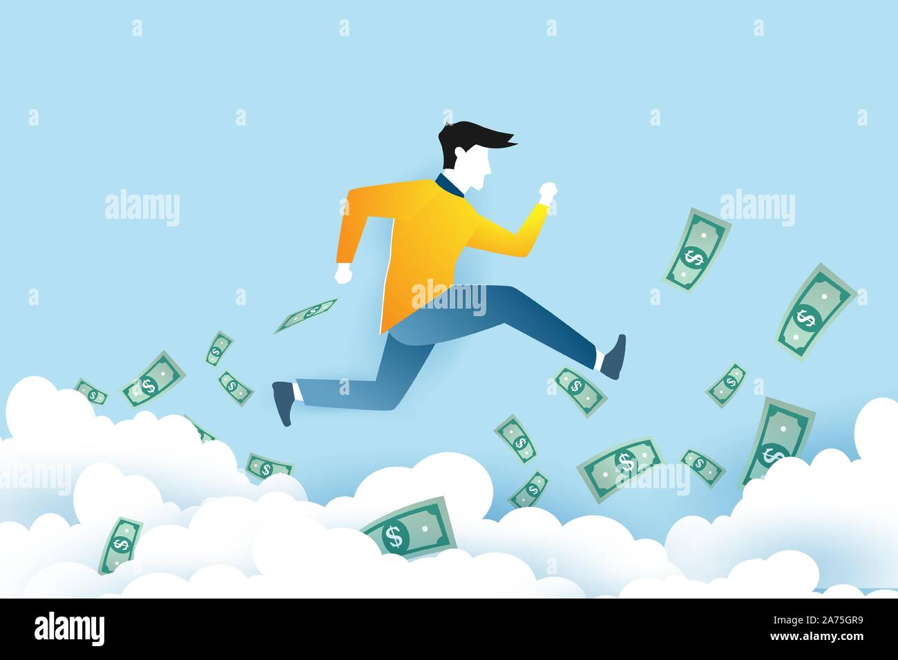 A man is jumping on the clouds with money in clean sky background ...