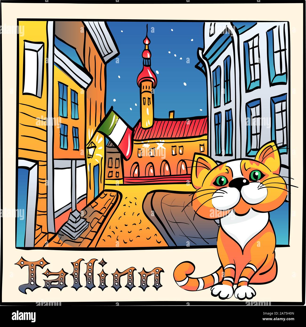Vector sketch with cute red cat and Town Hall in Medieval Old Town of Tallinn, Estonia Stock Vector