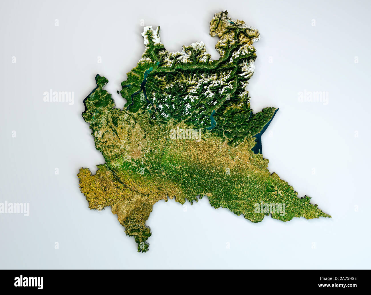 Satellite view of the Lombardy region. Italy. 3d render. Physical map of  Lombardy, plains, mountains, lakes, mountain range of the Alps Stock Photo  - Alamy
