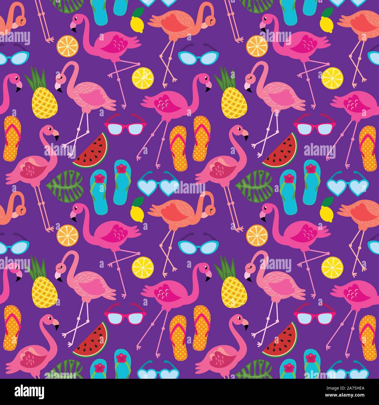 Seamless Vector Pattern with Flamingos and Other Summer Themed Elements Stock Vector