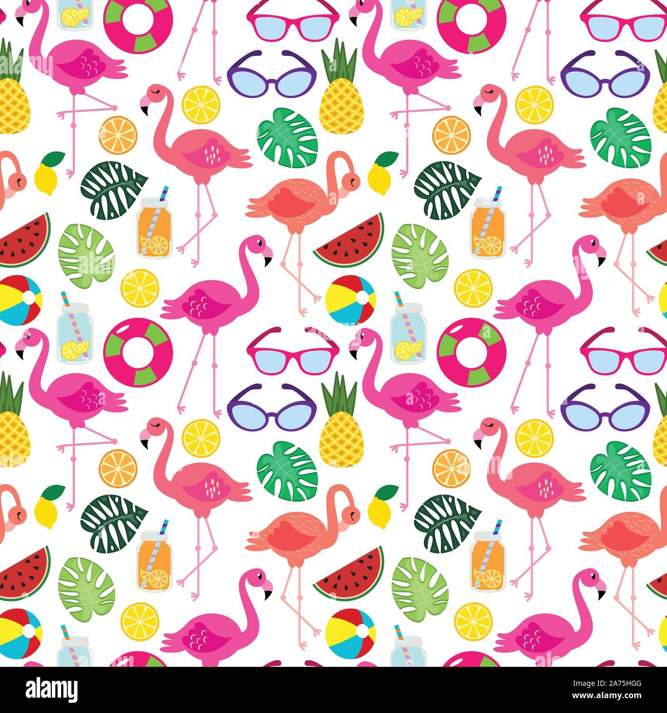 Seamless Vector Pattern with Flamingos and Other Summer Themed Elements Stock Vector
