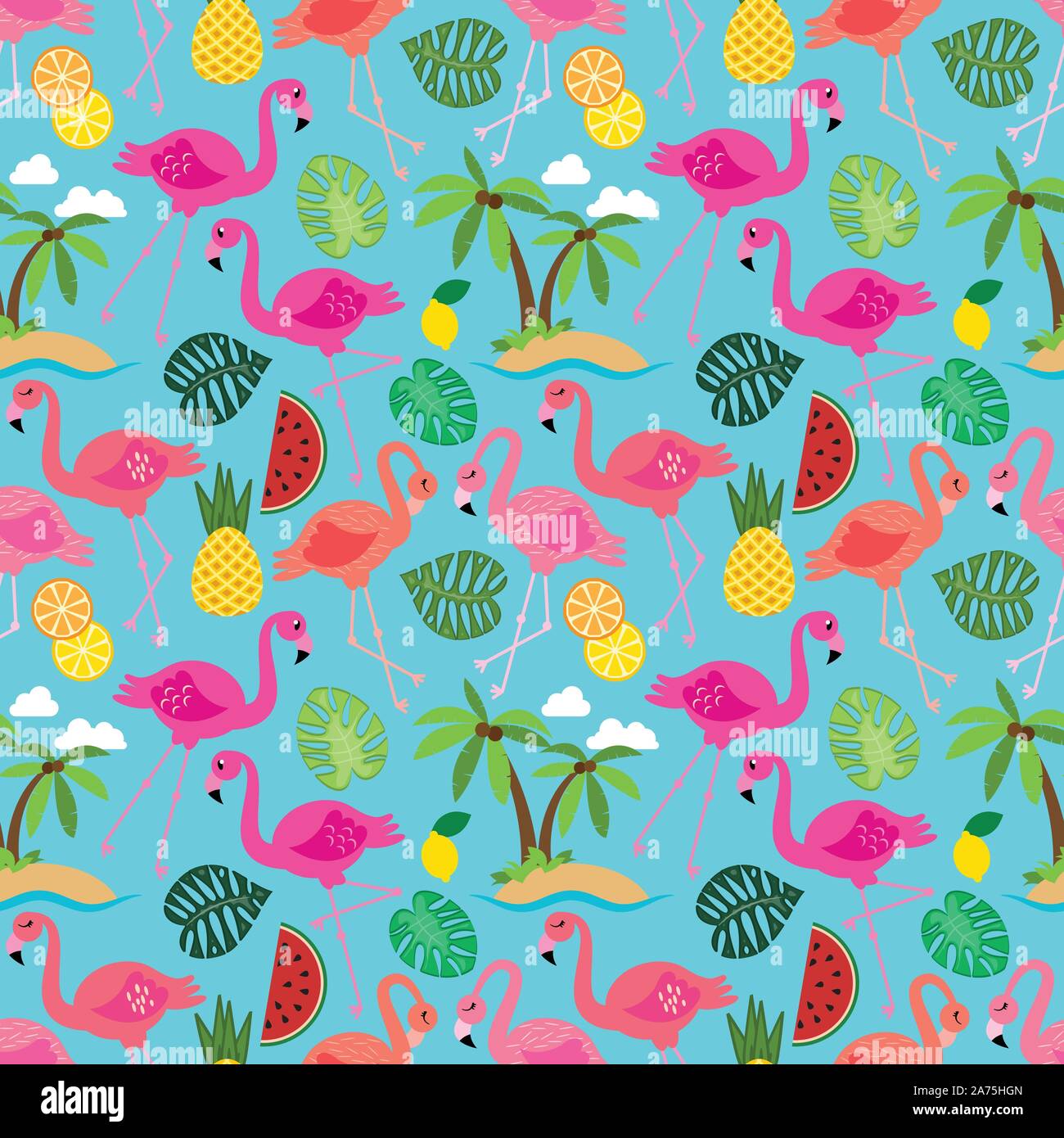 Seamless Vector Pattern with Flamingos and Other Summer Themed Elements Stock Vector