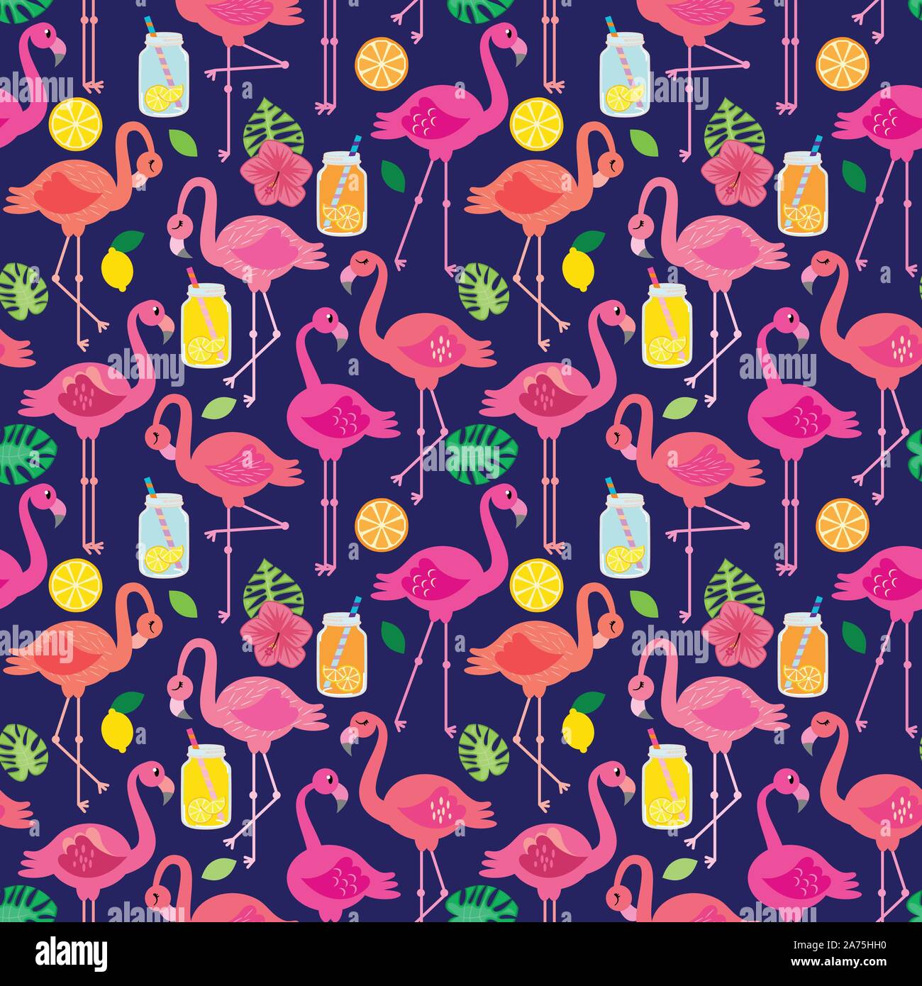 Seamless Vector Pattern with Flamingos and Other Summer Themed Elements Stock Vector