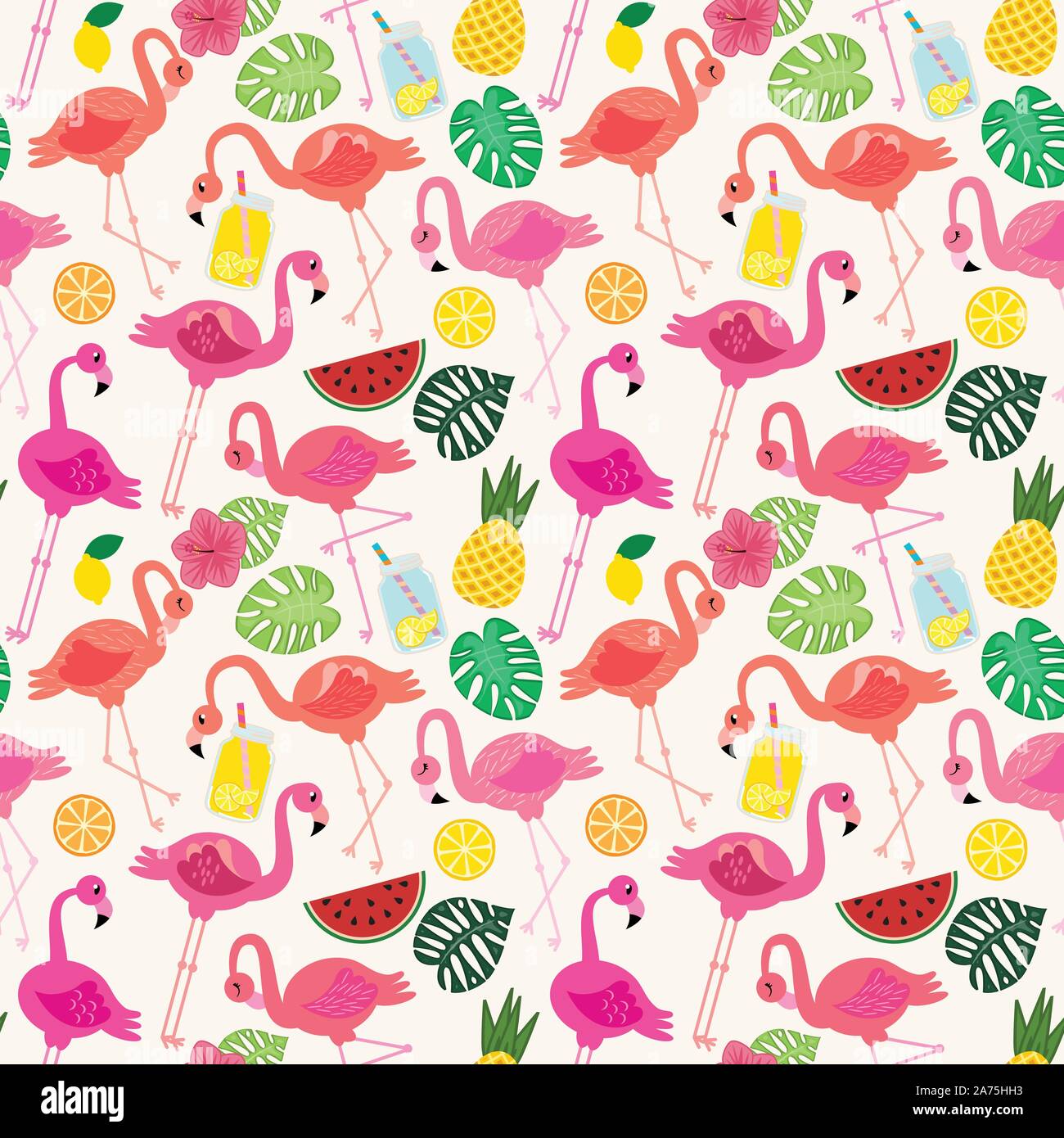 Seamless Vector Pattern with Flamingos and Other Summer Themed Elements Stock Vector
