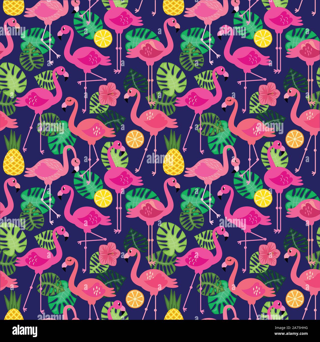 Seamless Vector Pattern with Flamingos and Other Summer Themed Elements Stock Vector