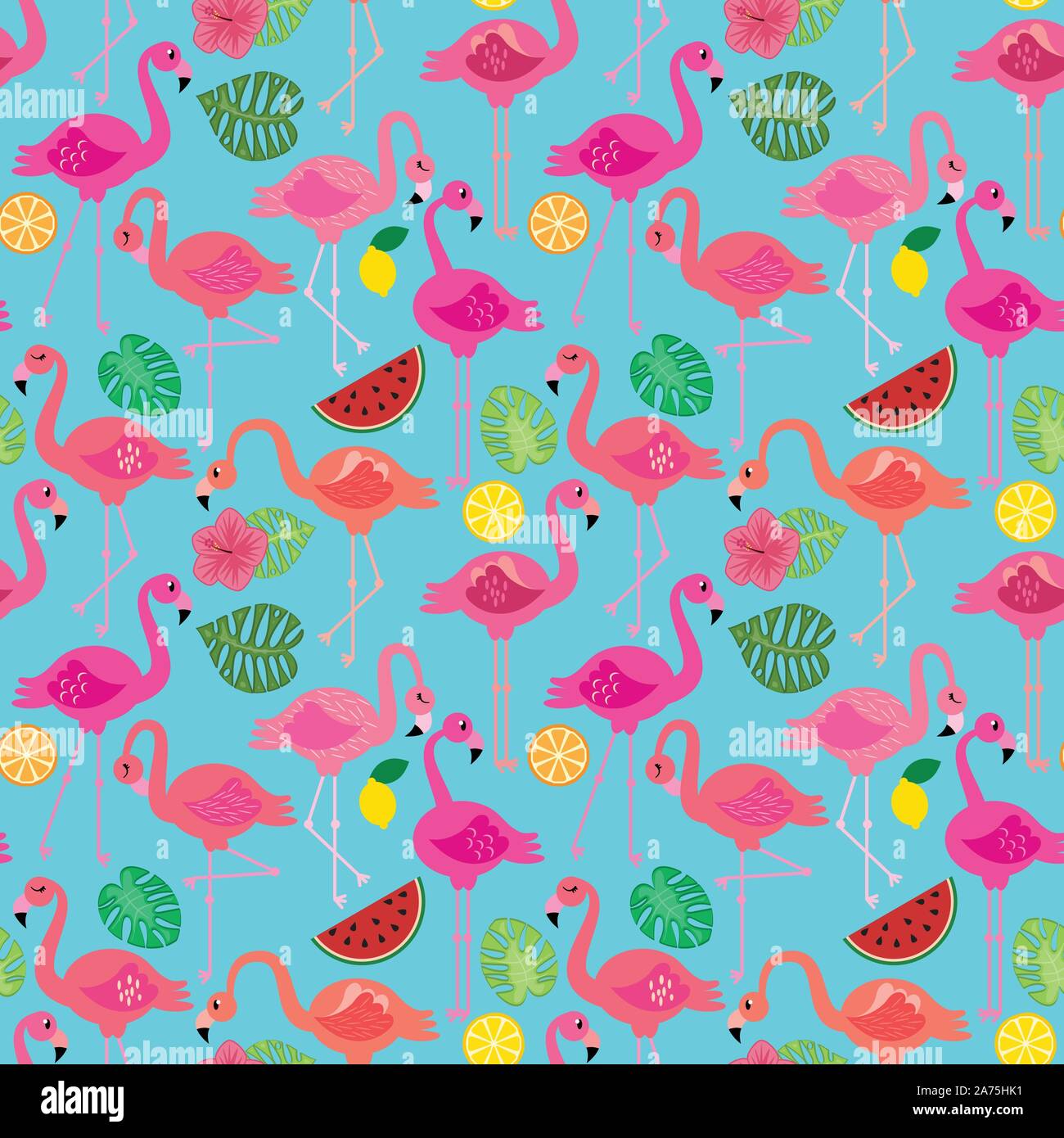 Seamless Vector Pattern with Flamingos and Other Summer Themed Elements Stock Vector