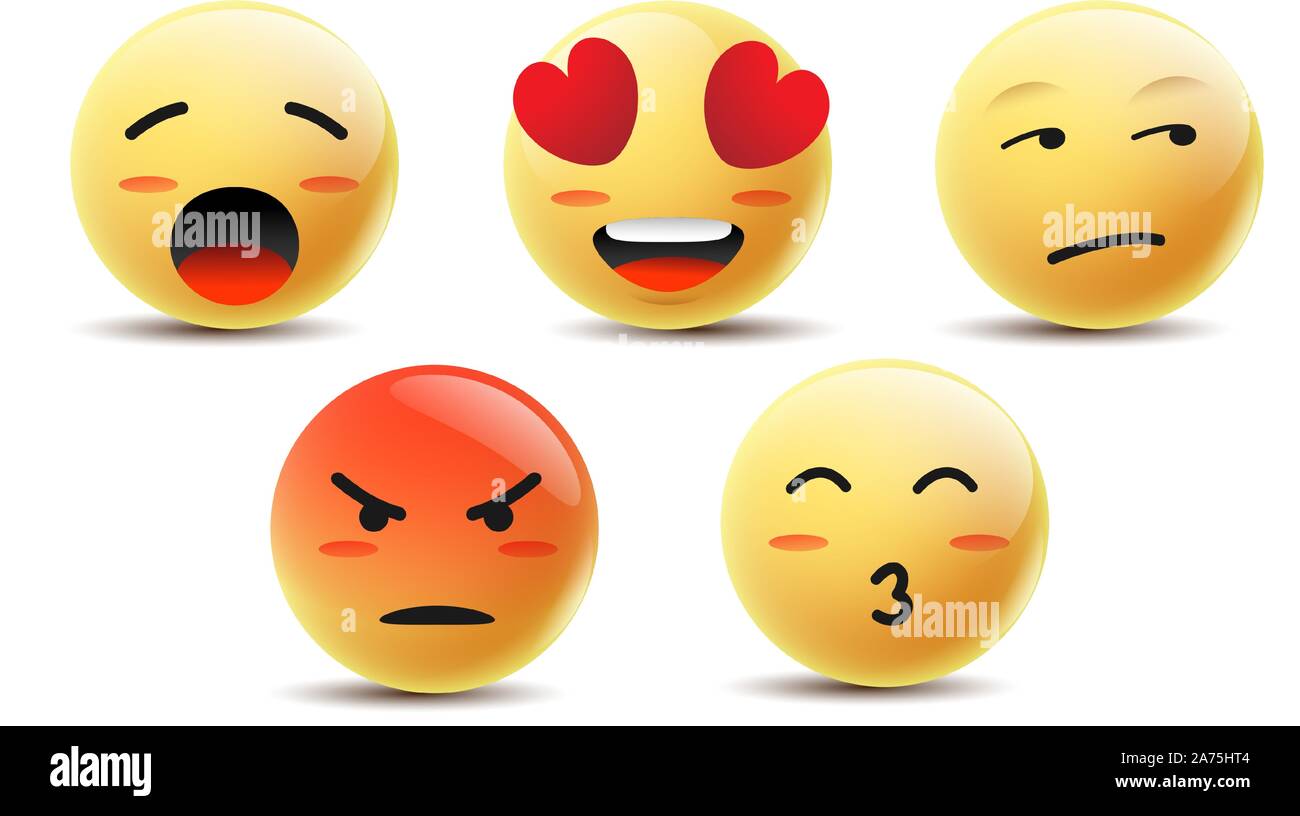 Emoji Feeling 3D Faces Vector. Communication Chat Elements in yellow circle flat face. Lovely social media icon stickers. Stock Vector