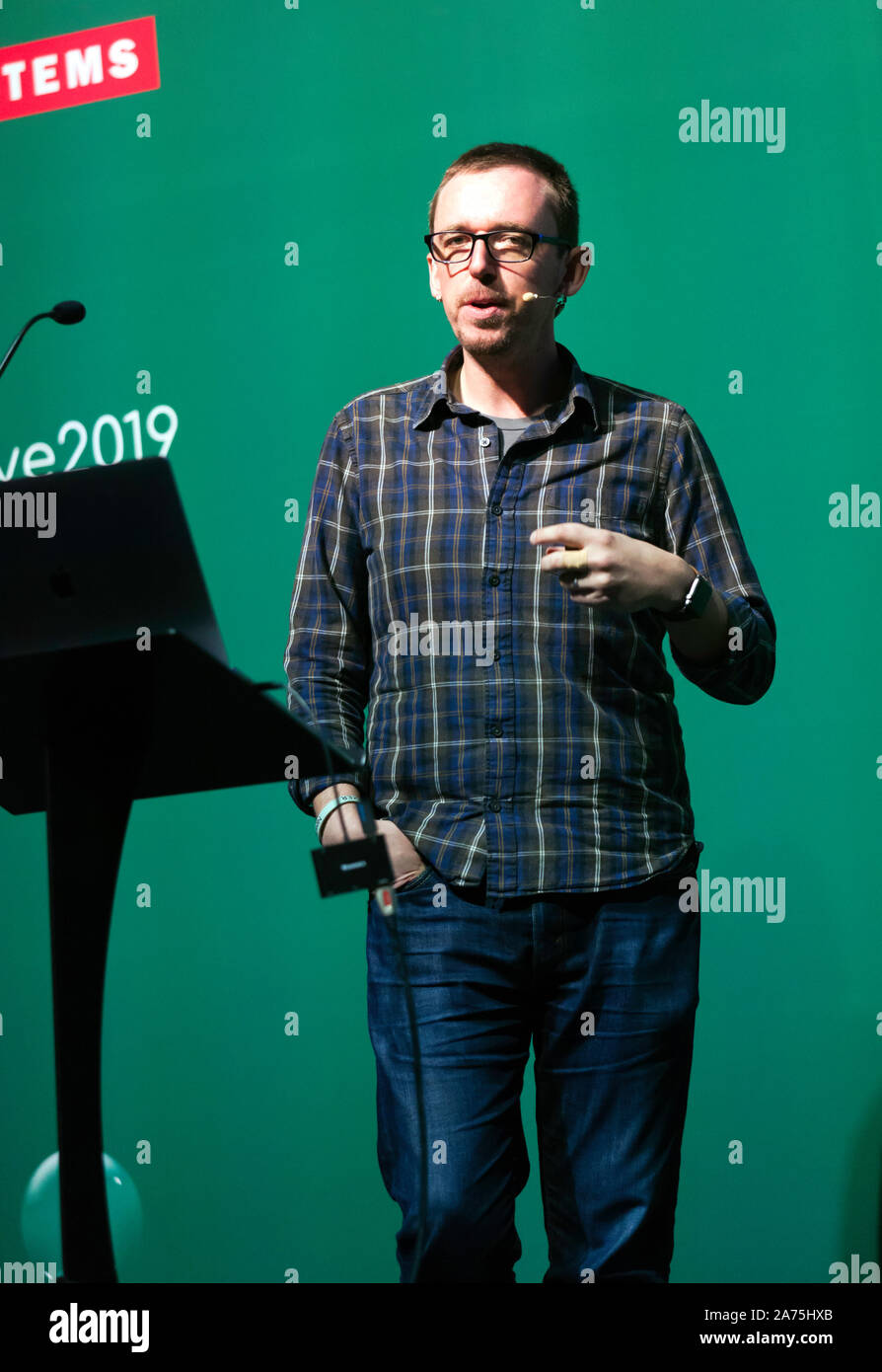Pete Etchells, Psychologist at Bath Spa University, talking about 'Are video games bad for us?', on the Technology Stage, at New Scientist Live 2019 Stock Photo