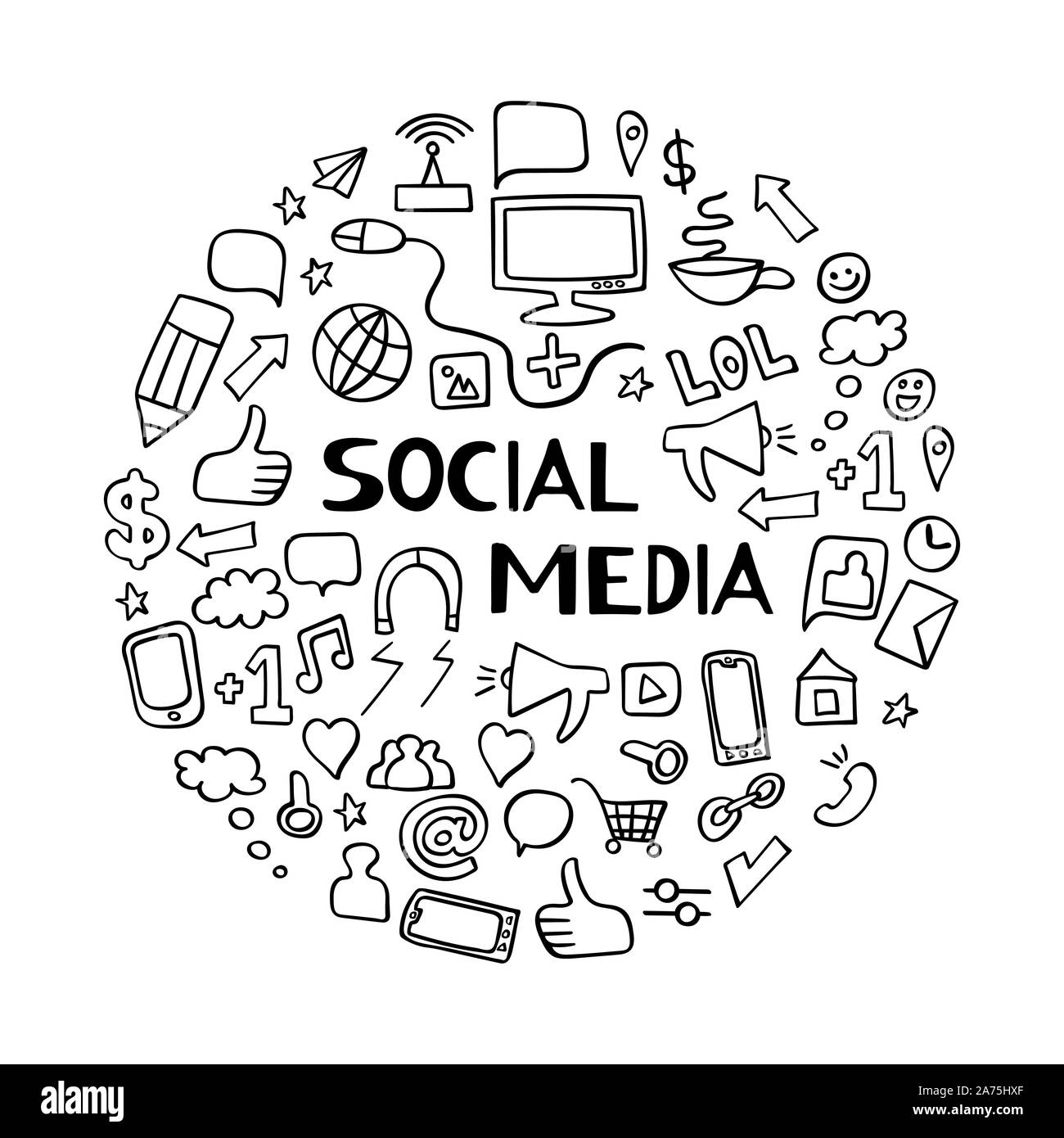 Social media doodle elements on white background. Set of black hand ...
