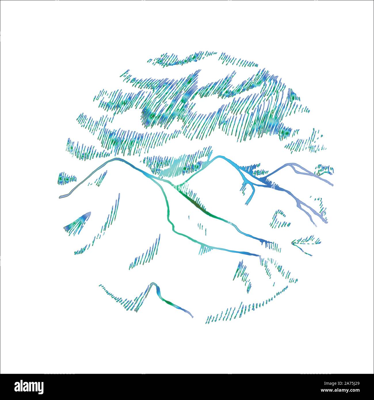 Neon picture of mountains is in a circle. Beautiful clouds and mountains. Stock Vector
