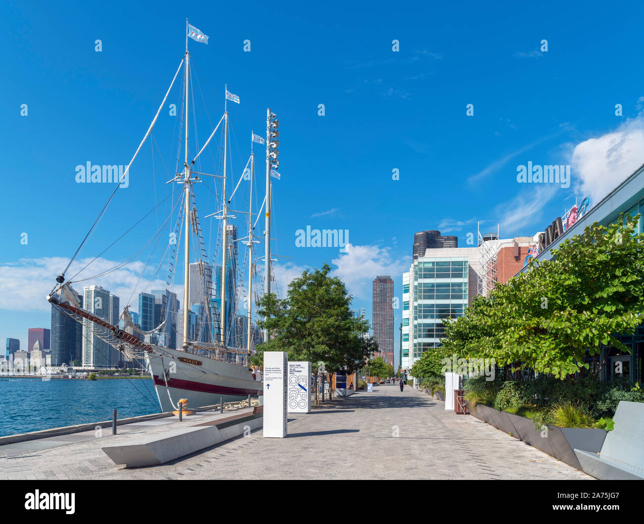 The Chicago skyline from Navy Pier with the sailing ship Windy in the foreground, Chicago, Illinois, USA. Stock Photo