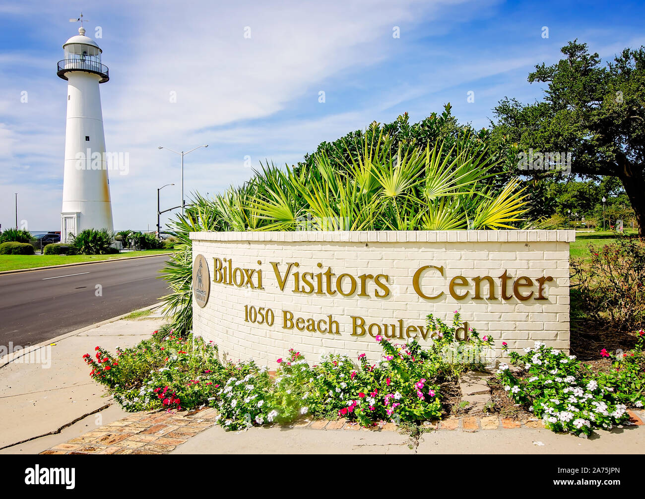The Biloxi Lighthouse and entrance to the Biloxi Visitors Center are pictured, Oct. 22, 2019, in Biloxi, Mississippi. Stock Photo
