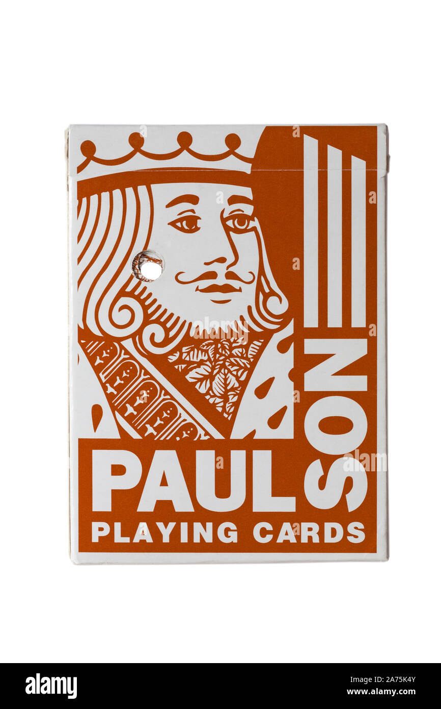 Box of Paulson playing cards for casino with hole punched through to cancel the cards isolated on white background Stock Photo