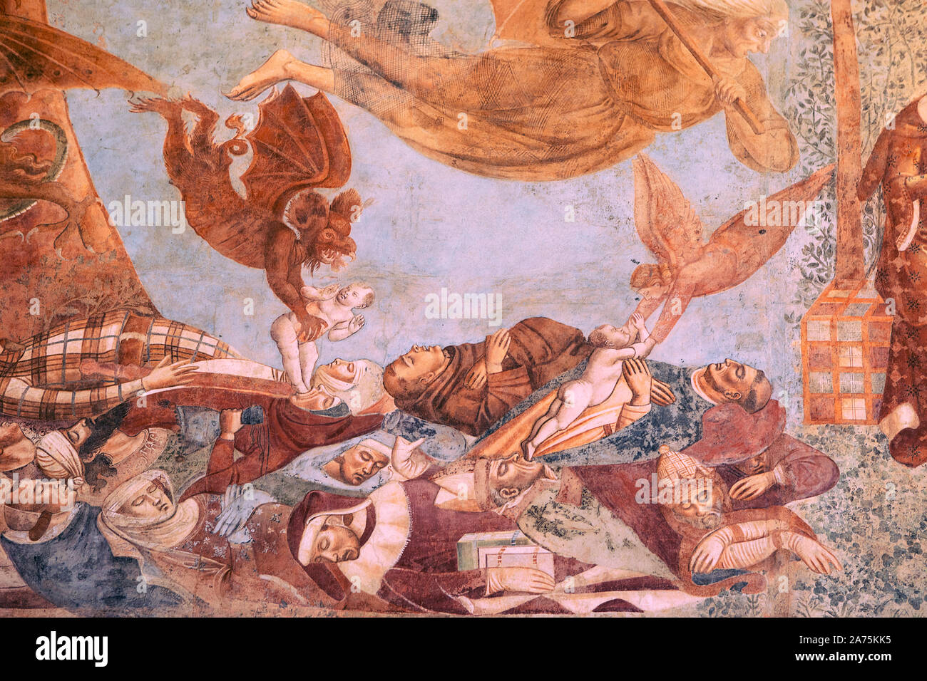 Part of fresco 'Triumph of Death' or 'Last Judgement' by Buonamico Buffalmacco 1336-1341, renovated fresco inside the Campo Santo, Pisa Italy, cemeter Stock Photo