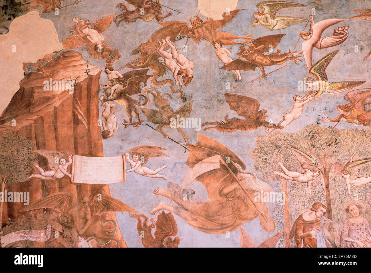 Detail of painting of 'Triumph of Death', last Judgement by Buonamico Buffalmacco, renovated fresco inside the Campo Santo, Pisa, cemetery. Camposanto Stock Photo