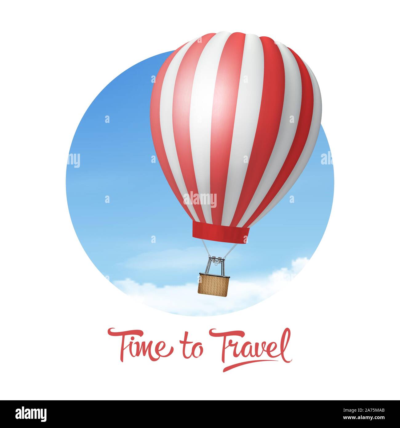 Vector 3d Realistic Red and White Hot Air Balloon on Blue Sky Background. Time to Travel. Design Template of Blank Aerostat for Summer Vacation Stock Vector