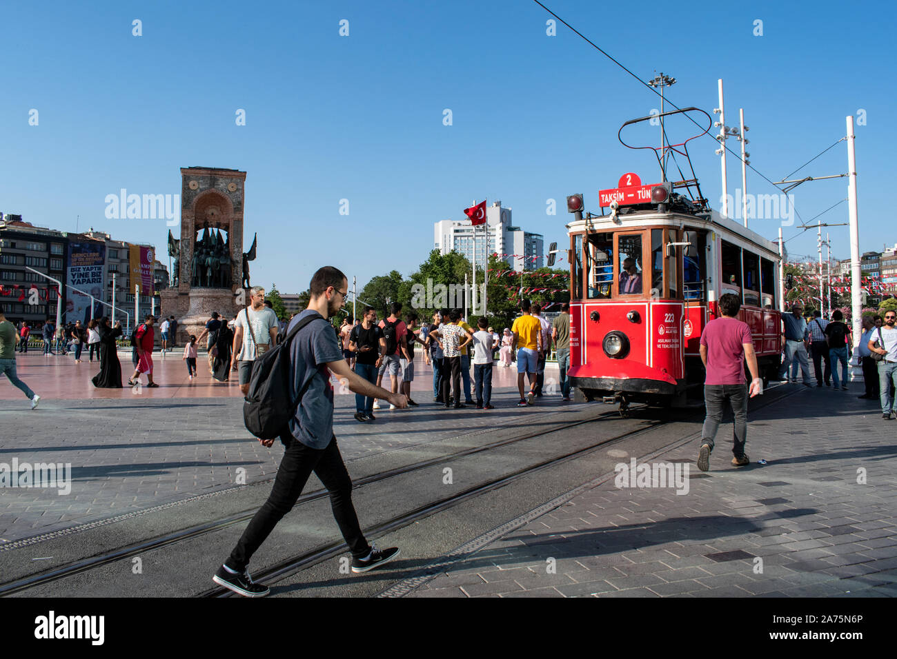 Istanbul: historic T2 Line Taksim-Tunel tram and people in Taksim Square, heart of modern Istanbul in the major tourist and leisure Beyoglu district Stock Photo