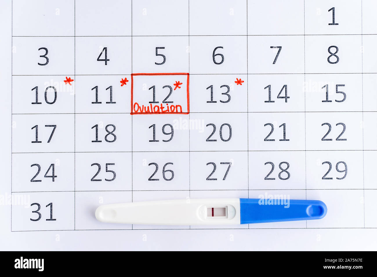 Negative pregnancy test with circling date in calendar. Planning of pregnancy, trying to have baby. Stock Photo