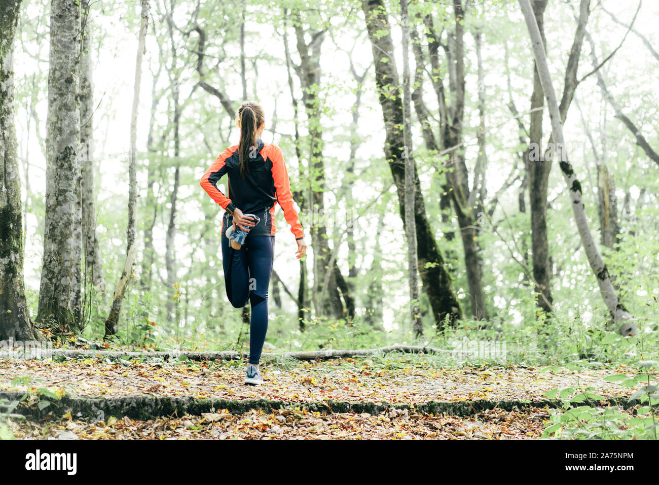 Jogger stretches leg muscle with special exercise after jogging Stock