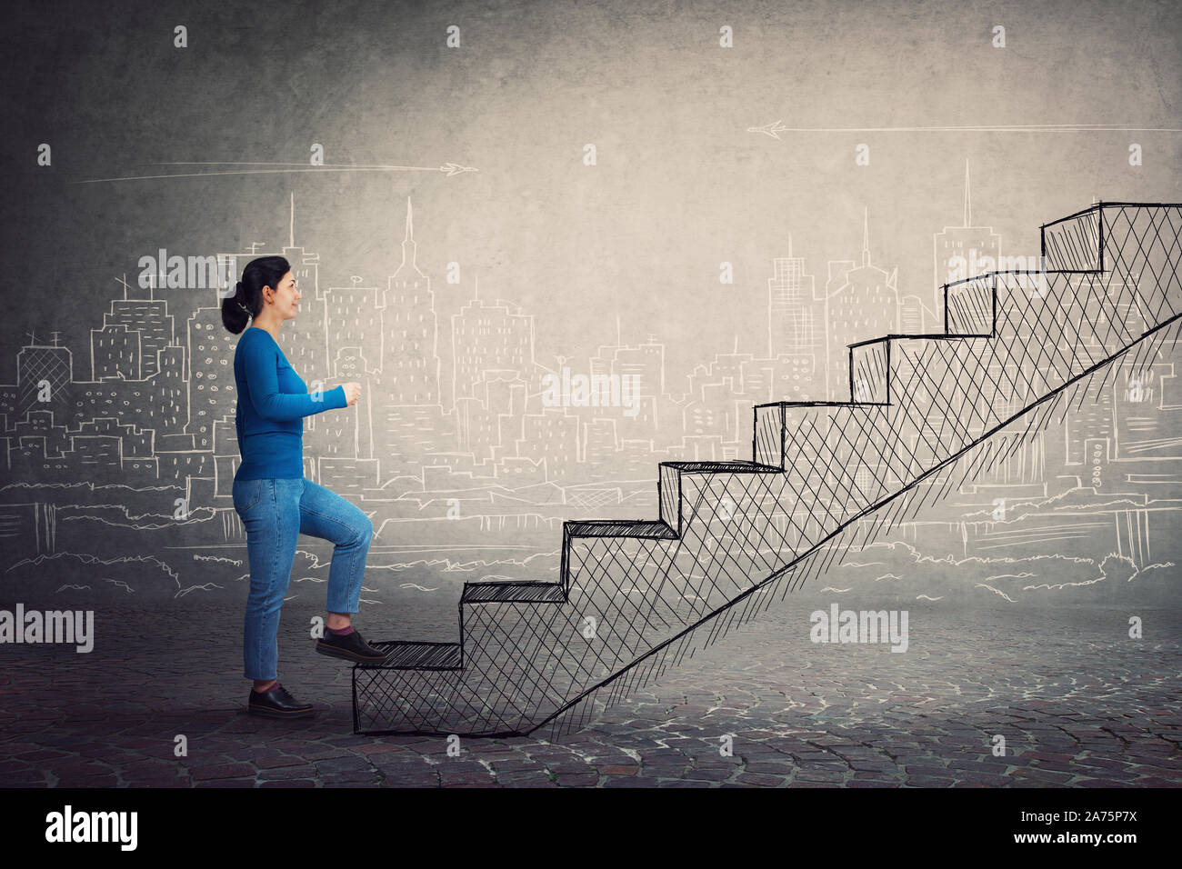 Motivated and confident young woman hurry to climb a imaginative staircase. Concept of career development, success and goal achievement. Casual girl r Stock Photo