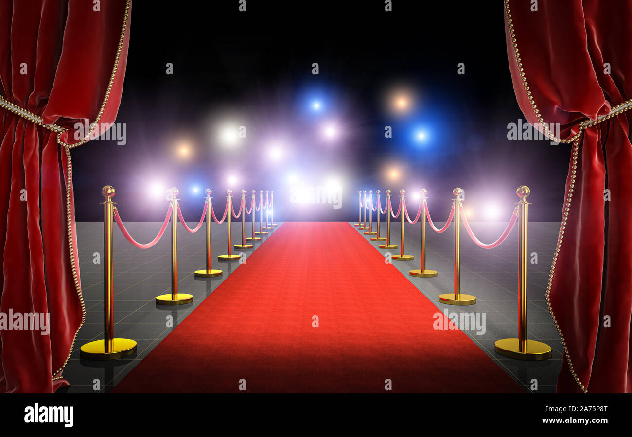 3d image render of a red carpet with velvet curtains and flash in the background. Concept of celebrity and exclusivity. Stock Photo