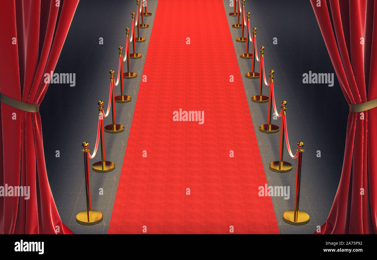 red carpet and gold barriers with red rope and large curtains at the entrance. concept of luxury and exclusivity. 3d image render Stock Photo