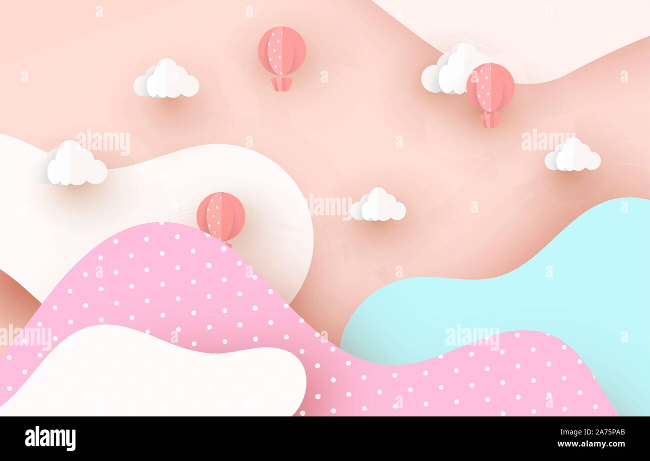 colorful Ballon and Cloud in the blue sky with paper art design ...