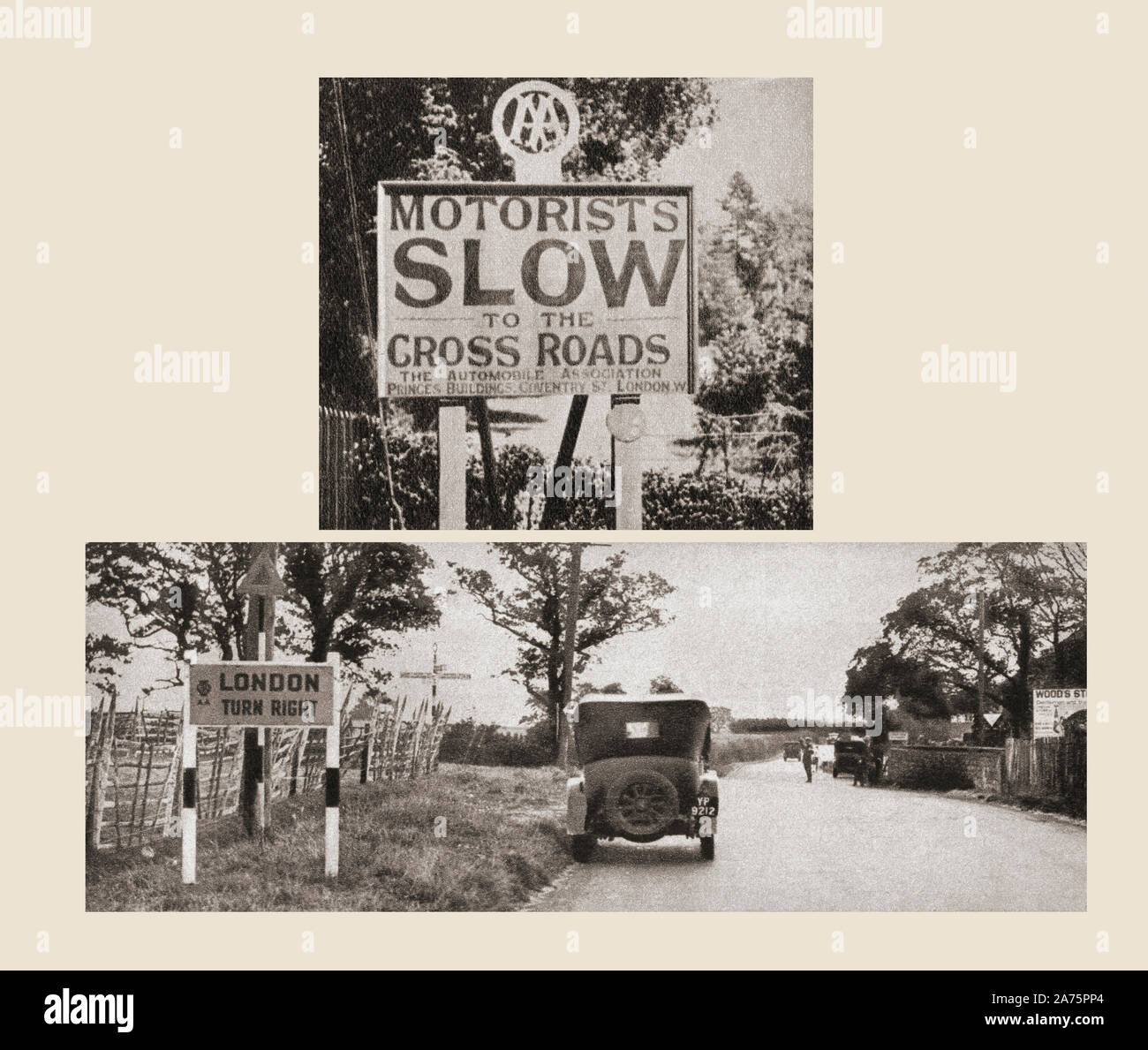 The Automobile Association introduced road signs in 1908, the top image is one of the first of these early road signs, the bottom image is one of the more 'modern' 1932 signs.  From The Pageant of the Century, published 1934. Stock Photo